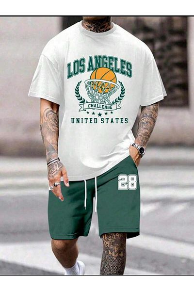 SELENA BUTİK Unisex United White T-Shirt Green Shorts Top Bottom 2 Piece Set