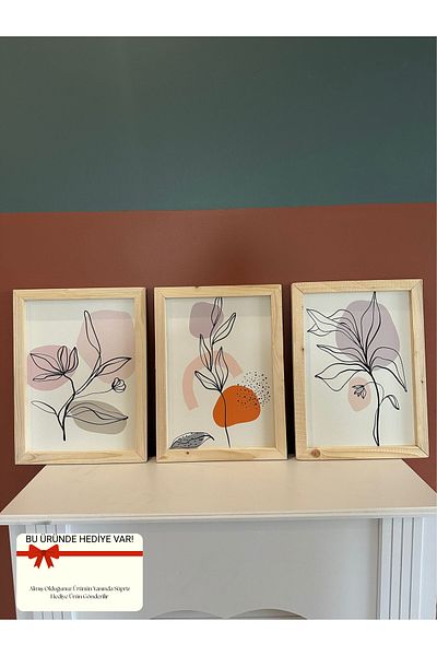 NT Handmade Natural Wood Framed Set of 3 Bohemian Flowers Painting Set Wall Decor for Living Room Bedroom Kitchen