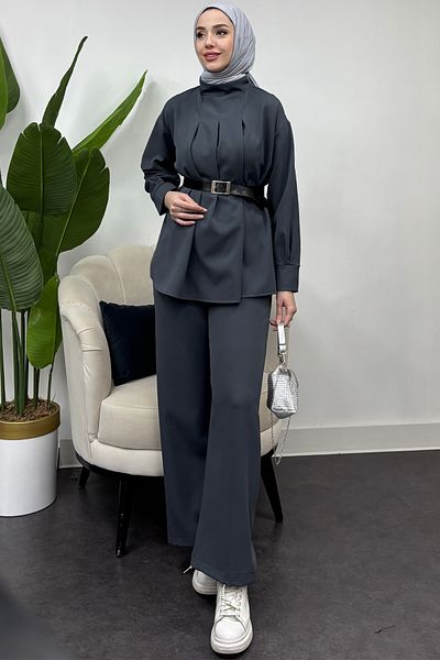 Tesettür Diyarı Women's Dumbbell Crepe Fabric Belt Suit - Anthracite