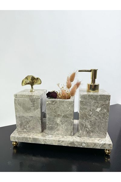 Modestmar Gray Marble Bathroom Set with 3 Compartments and Gold Gingko Accessories