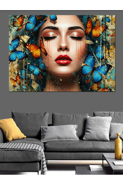ekart Kelebeklerle Çevrili Kadın Portresi Dekoratif Kanvas - Mdf Ahşap Tablo