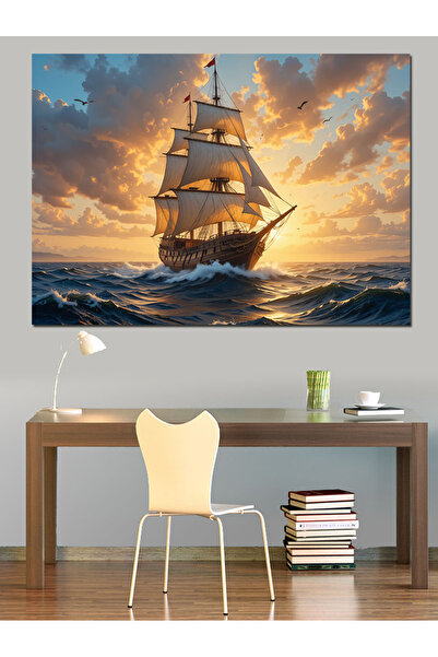 ekart Yelkenli Gemi Günbatımı Manzarası Dekoratif Kanvas - Mdf Ahşap Tablo