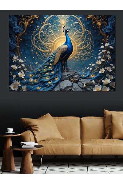 ekart Διακοσμητικός καμβάς Golden Blue Peacock - Ξύλινος πίνακας MDF