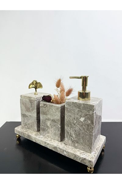 Modestmar Gray Marble Bathroom Set with 3 Compartments and Gold Gingko Accessories