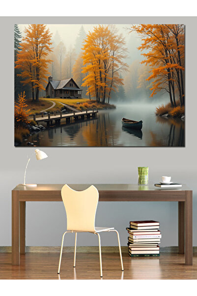 ekart Sonbaharda Göl Kenarı Evi Dekoratif Kanvas - Mdf Ahşap Tablo