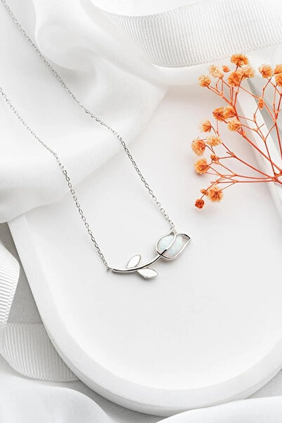 VAOOV 925 Ayar Gümüş Beyaz Opal Taşlı Lale Kolye