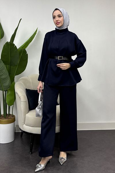 Tesettür Diyarı Women's Dumbbell Crepe Fabric Belt Suit - Dark Blue