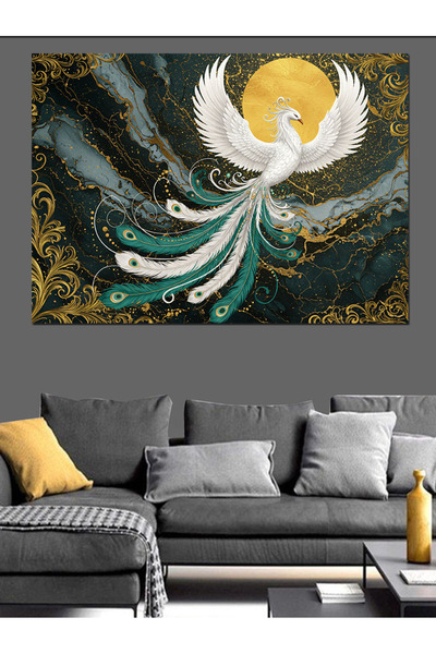 ekart Altın Arka Plan Beyaz Anka Kuşu Dekoratif Kanvas - Mdf Ahşap Tablo