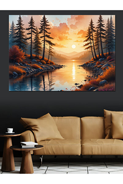 ekart Gün Batımı Orman Gölü Dekoratif Kanvas - Mdf Ahşap Tablo