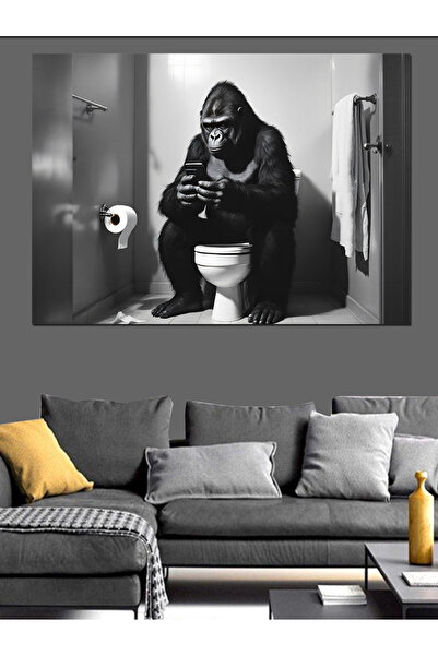 ekart Tuvalette Telefon Bakan Goril Dekoratif Kanvas - Mdf Ahşap Tablo