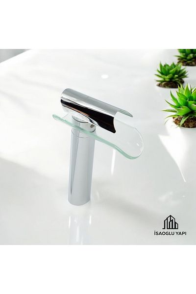 İSAOĞLU YAPI Silver Bowl Sink Faucet Glass Design Bowl Faucet High Model Chrome