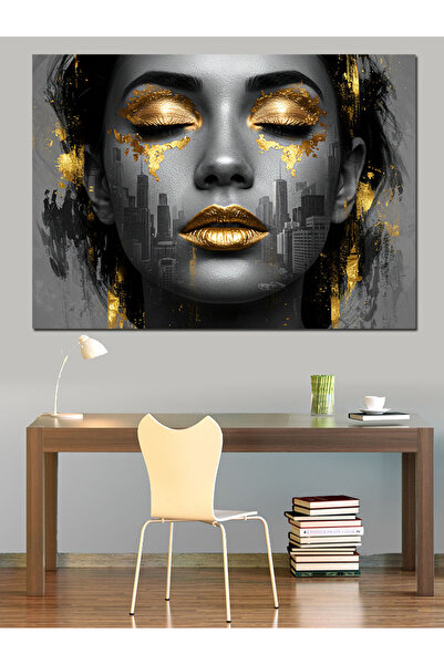 KanvasSepeti Portret de femeie cu sclipici auriu Pictură în ulei Texturată Pâ...