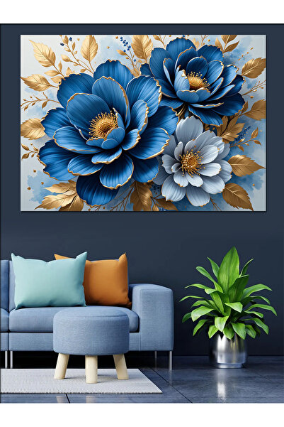 KanvasSepeti Ilustrație cu flori albastre aurii Pictură în ulei Texturată Pân...