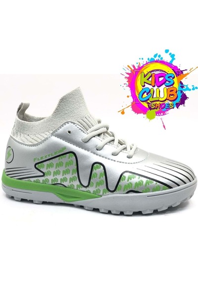 Kids Club Shoes حذاء Neymar Cool Kids Astroturf - مع جوارب باللون الفضي والأخضر