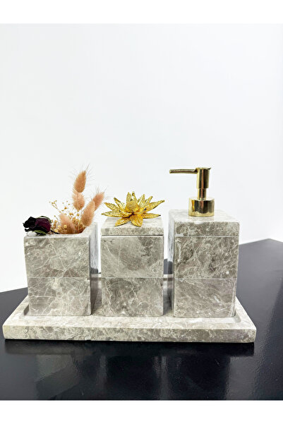 Modestmar Gray Marble Bathroom Set - 4-Piece Snow Bathroom Set, Marble Gold Flower Handle Gold Pump