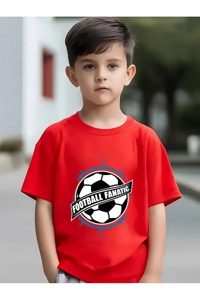 vinraus Boy's Red Football Fanatic Printed Combed Cotton T-Shirt