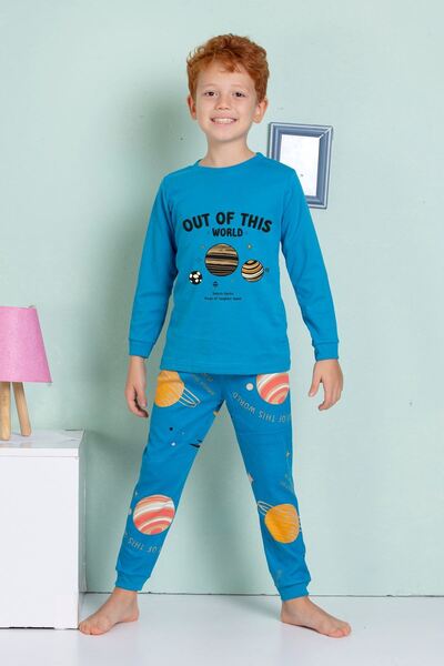 yagmurgiyim ELMP Mavi Gezegen Desenli %100 Pamuk Erkek Çocuk Pijama Takımı 1-13 Yaş 3064