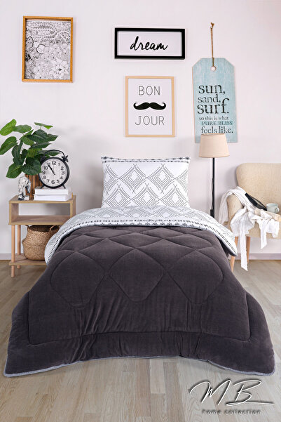 Mbcollection Tek Kişilik Antrasit Welsoft Uyku Seti + Yastık Kılıfı | Çift Taraflı Yorgan Çeyiz Seti