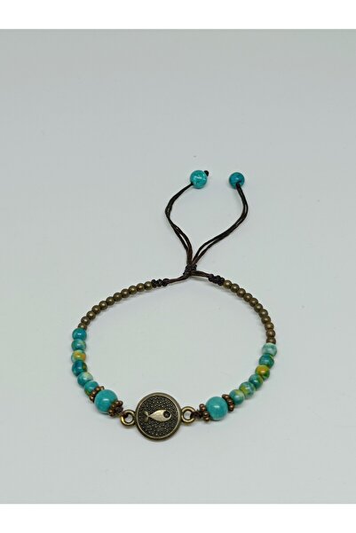 mama india alaçatı Fish Figured Turquoise Stone Adjustable Brass Bracelet No:6