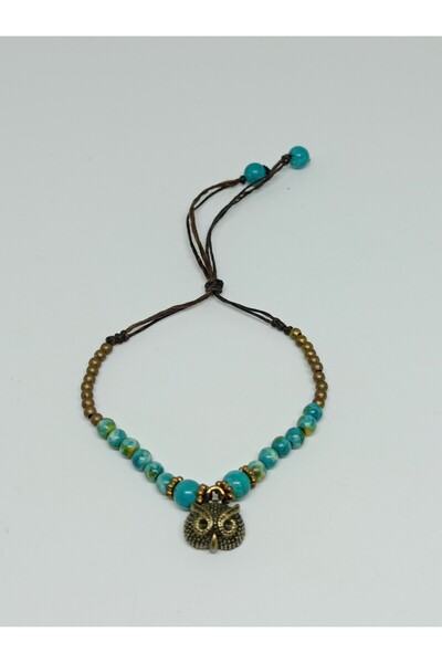 mama india alaçatı Owl Figured Turquoise Stone Adjustable Brass Bracelet No:2