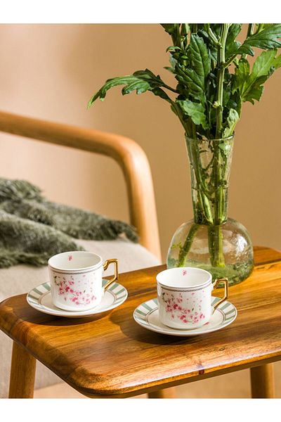 LC Waikiki Set of 2 Personality Porcelain Coffee Cups Lcw Home Mixed Flower Pattern 90ml