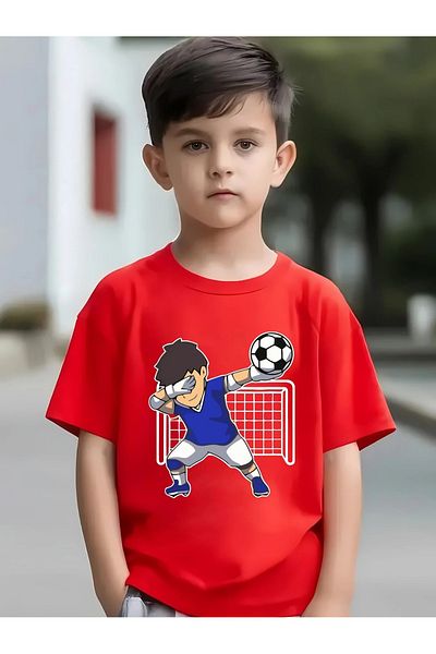 vinraus Boy's Red Goalkeeper Printed Combed Cotton T-Shirt