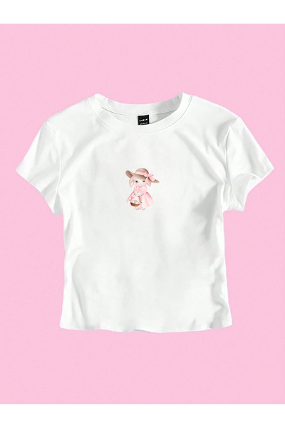 OVER HEAD Kadın Y2K Sevimli Tavşan Baskılı Bayb Tee Crop