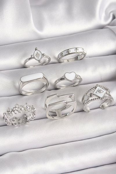 Clariss Brass Silver Color White Enamel Heart Flower Detail Women's Ring Combination