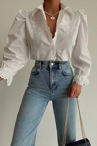 VAGGON Women's White Princess Sleeve Guipure Embroidered Woven Shirt Prmx7829-1