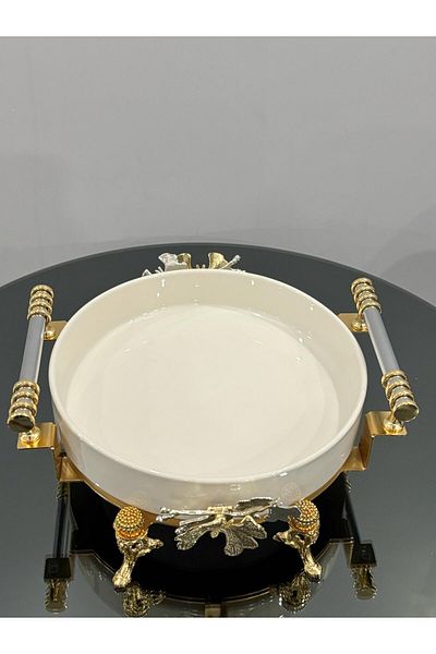 PARILTI HOME COLLECTİON Butterfly Round Oven Porcelain Presentation Plate with Gold Bud Foot Detail & Special Laser Cutting