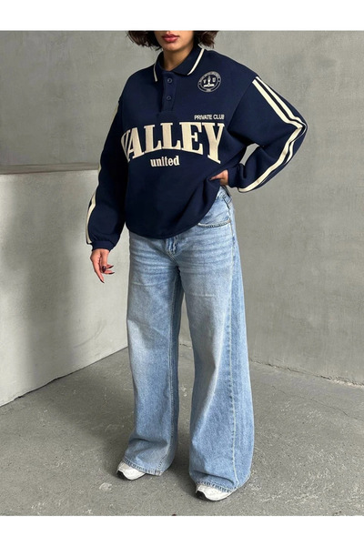 Kadın Lacivert Polo Yaka Şardonlu Valley Baskılı Sweatshirt