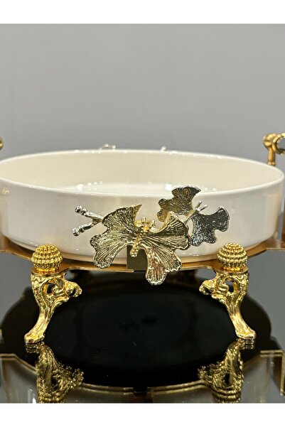 PARILTI HOME COLLECTİON Kelebekli Yuvarlak Fırın Porselen Sunum Tabağı Gold Tomurcuklu Ayak Detaylı & Özel Lazer Kesimli