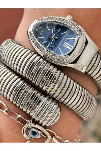 Bonicce Dark Blue Dial, Silver Color, Snake Clock Heart Bracelet in Gift Box