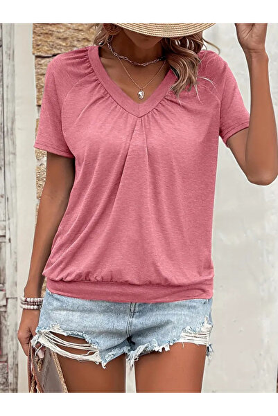 Moda Ebrar Γυναικεία κοντομάνικη μπλούζα βισκόζης με λαιμόκοψη με λεπτομέρεια