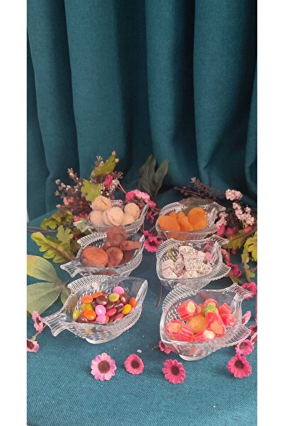 ORTAKÖY CENNETİ Visible Glass Fish 6 Piece Cookie Turkish Delight Presentation Modern Set 140 Cc 13X10 Ula 6 cm Height Measure