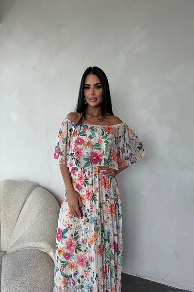 kamacibutik Madonna Collar Floral Pattern Pleated Chiffon Dress