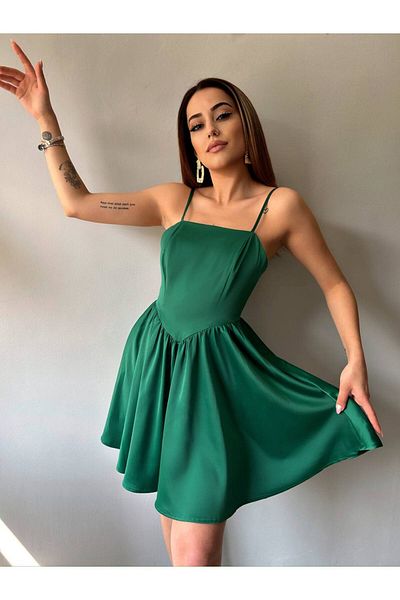 Fav Style Women's Strappy Waist Detailed Mini Satin Dress Emerald Green