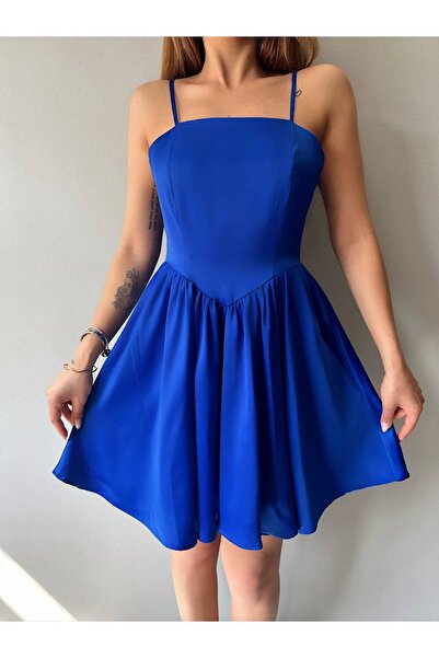 Fav Style Жіноча сукня на бретельках з деталями на талії, міні, атласна, Saks, синя