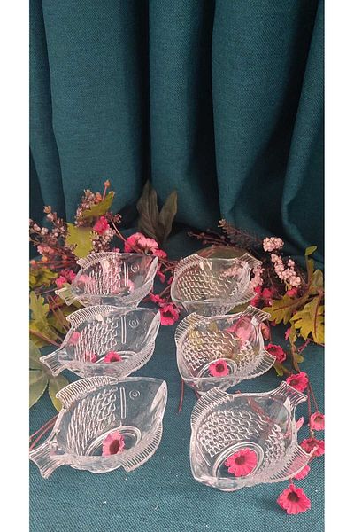 ORTAKÖY CENNETİ Visible Glass Fish 6 Piece Cookie Turkish Delight Presentation Modern Set 140 Cc 13X10 Ula 6 cm Height Measure