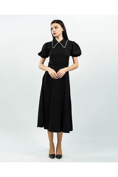 maf collection Γυναικείο βραδινό φόρεμα με μαύρο γιακά μωρού με μανίκια με πέτρα
