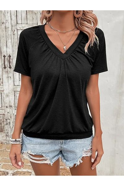 REKA MODA Women's Short Sleeve V-Neck Viscose Blouse with Shirring Detail