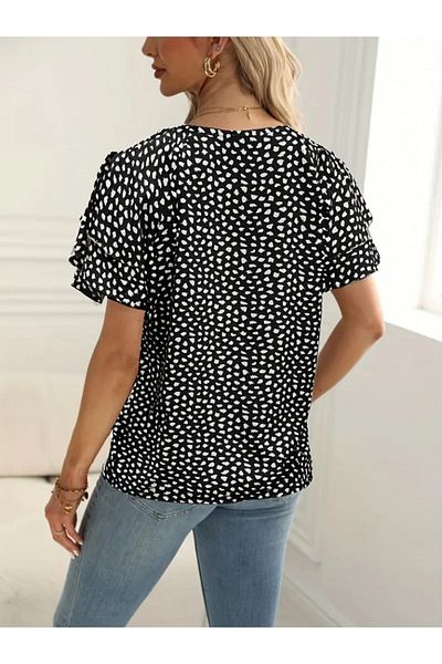 REKA MODA Women's Short Sleeve Flywheel Printed Single Jersey Blouse