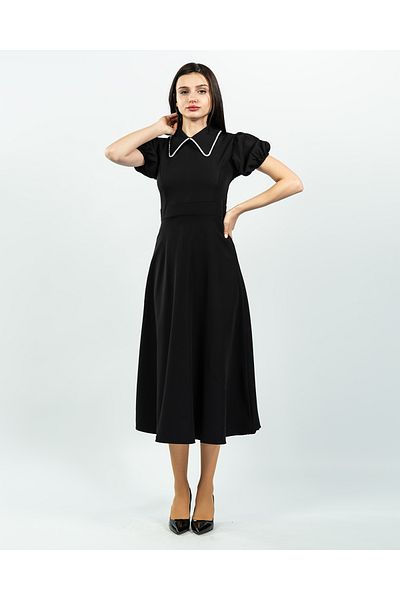 maf collection Γυναικείο βραδινό φόρεμα με μαύρο γιακά μωρού με μανίκια με πέτρα