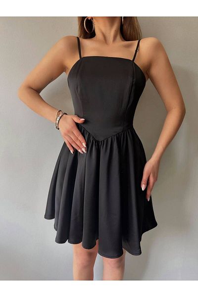 Fav Style Women's Mini Satin Dress Black Strap Waist Detail