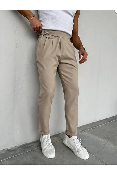 COTTONLAB Men's Waist Buckle Detailed Pleated Old Money Trousers