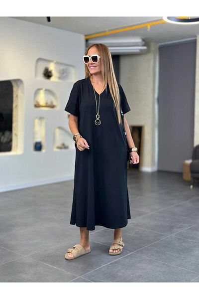Kokosh moda Women's Short Sleeve V-Neck Pocket Detailed Long Viscose Two Thread Dress