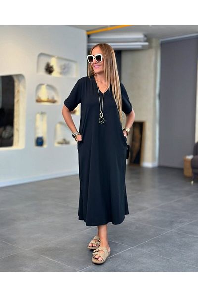 Kokosh moda Women's Short Sleeve V-Neck Pocket Detailed Long Viscose Two Thread Dress