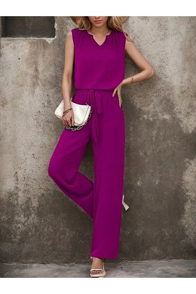 Viyamo Women's Sleeveless V-Neck Aerobin Blouse and Belted Waist Trousers Set of Two