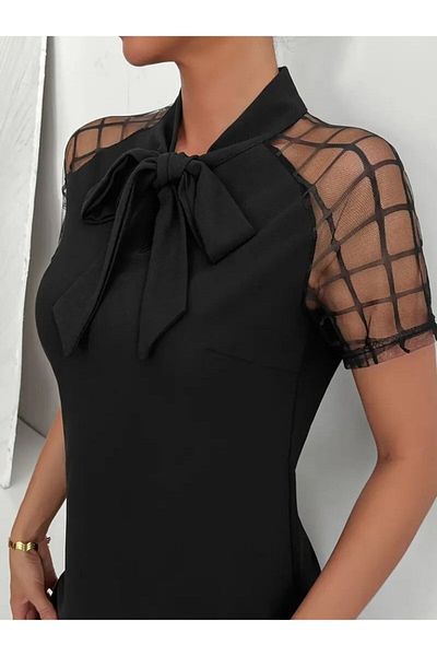 MRA Fashion Women's Short Sleeve Halter Neck Tulle Detail on the Shoulders Janjan Crepe Dress