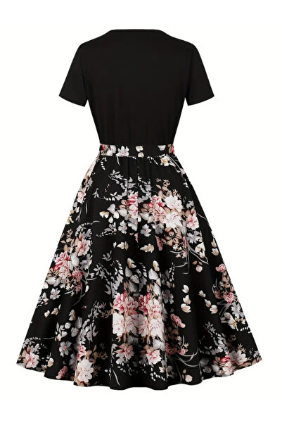 Genel Markalar EKŞİOĞLU GLOBAL Kadın Kısa Kollu Bisiklet Yaka çiçek Desenli üst Viskon Alt Süprem Kısa Elbise